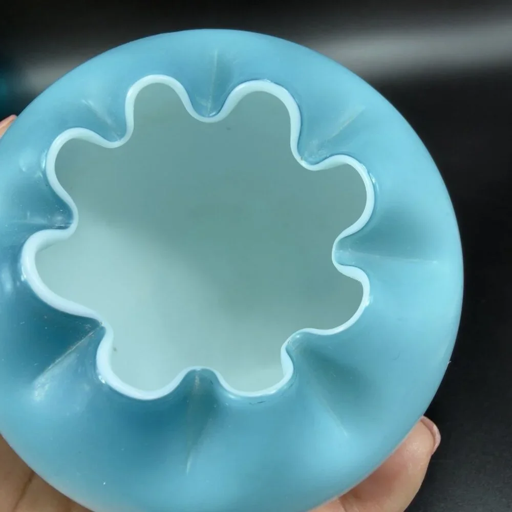 Antique Aqua‎ Cased Glass Rose Bow Blue Ombre Dish Bowl Crimped Trinket Holder